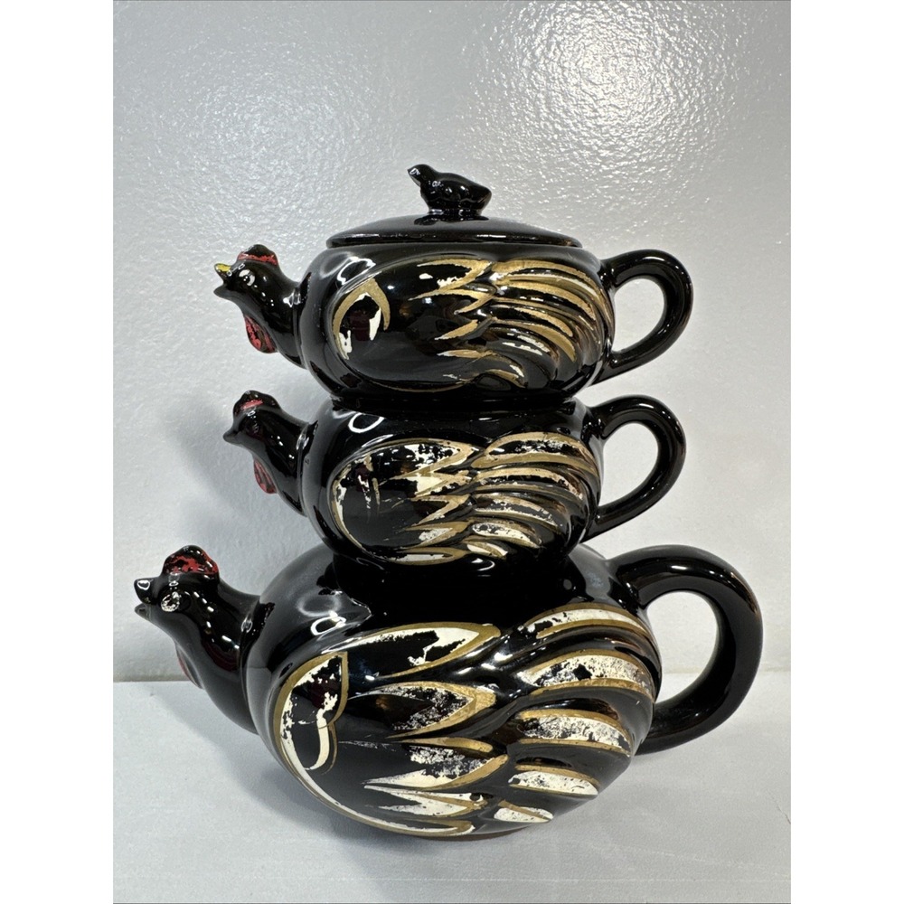 Vintage Black Rooster Stacking Teapot Set Ceramic Hen Creamer‎ Sugar Farmhouse